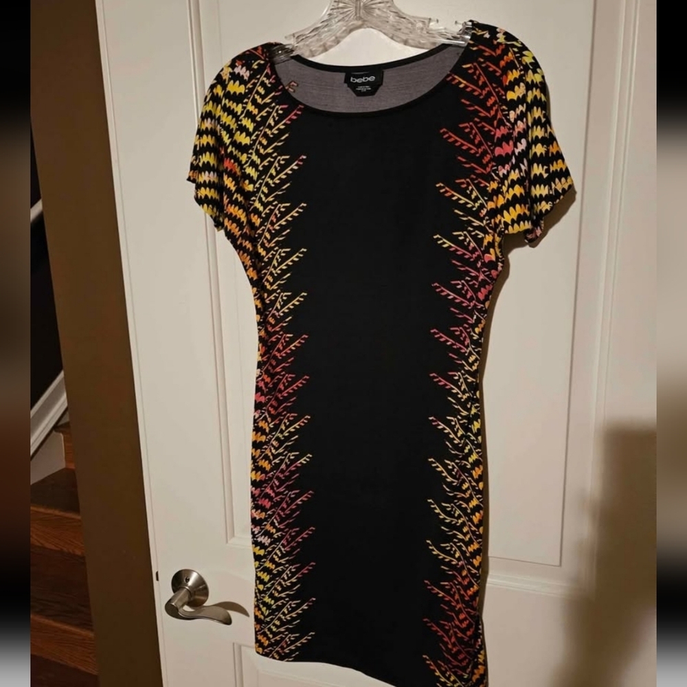 Bebe Black Dress with Vibrant Multicolor Accents.